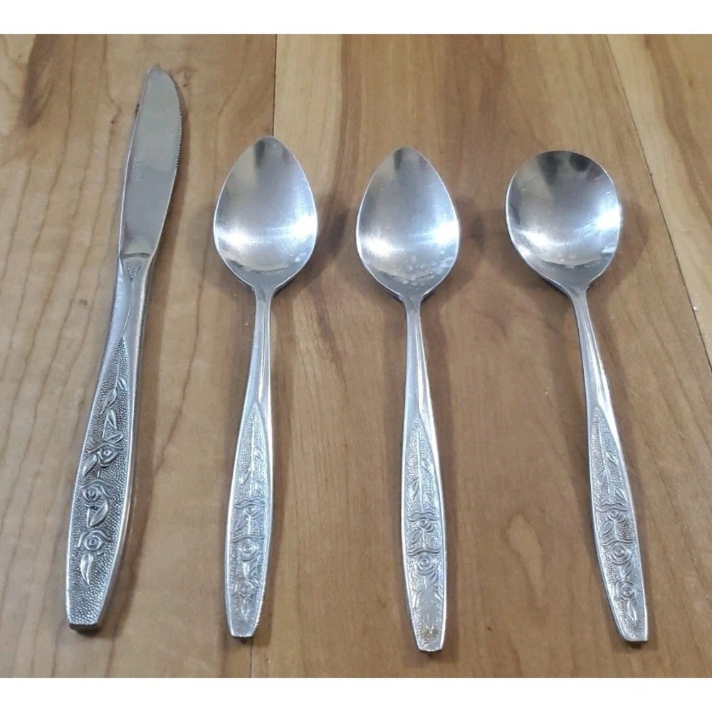 Vintage Customcraft Stainless Steel 4 Piece Flatware Lot Roses Pattern